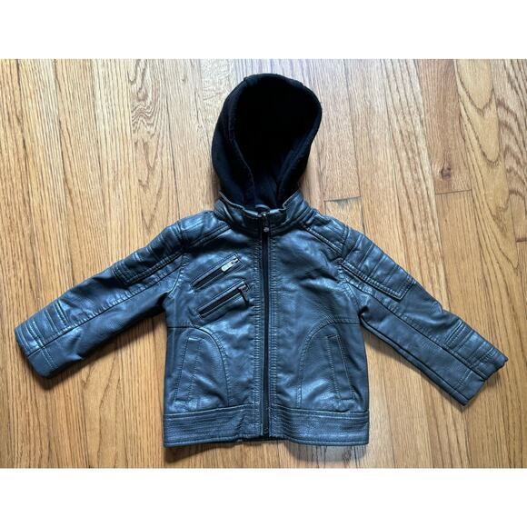 Urban Republic Toddler Bomber Jacket 24 Months Dark Grey Hooded Faux Leather - Picture 3 of 9